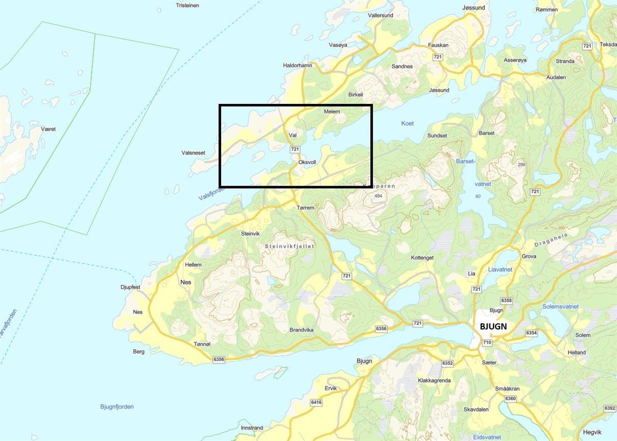 Kart med svart firkant som markerer området dagsturhytta ligger i. - Klikk for stort bilde