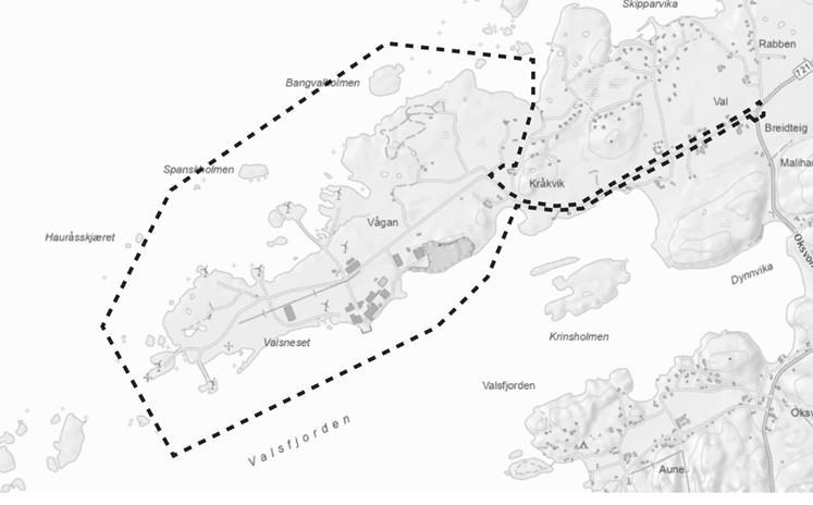 Kart over Valsneset. Prikkete linje som makerer området. - Klikk for stort bilde