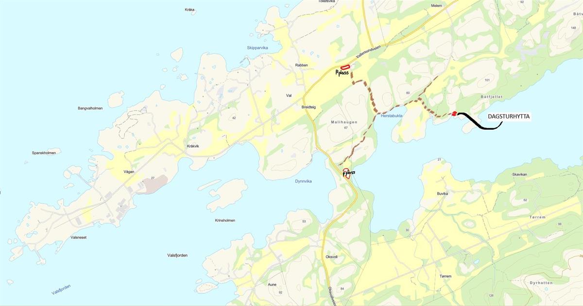 Kart med markering av to parkeringsplasser, samt stien til dagturhytta. - Klikk for stort bilde