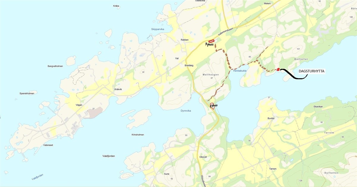 Kart med markering av to parkeringsplasser, samt stien til dagturhytta. - Klikk for stort bilde